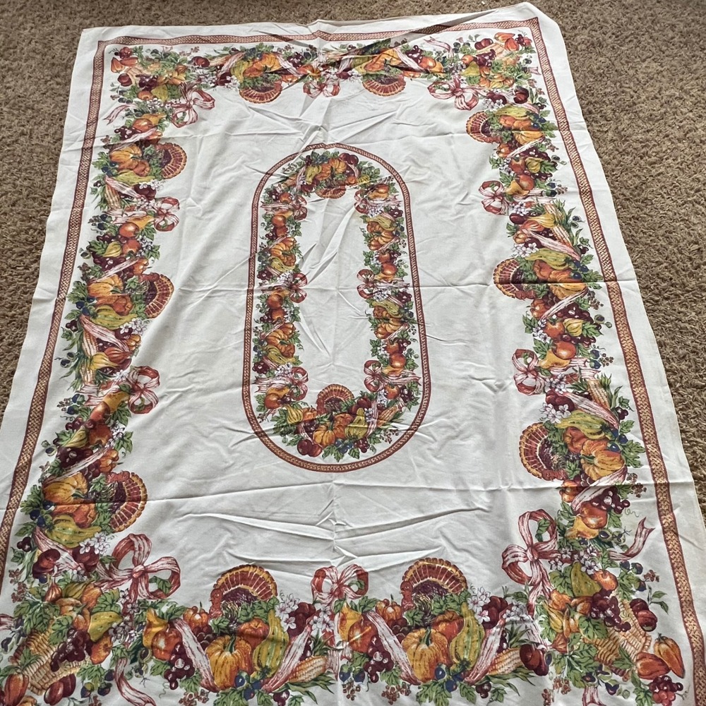 Vintage Thanksgiving Harvest Tablecloth Turkey Pumpkin Cornucopia Fall Decor